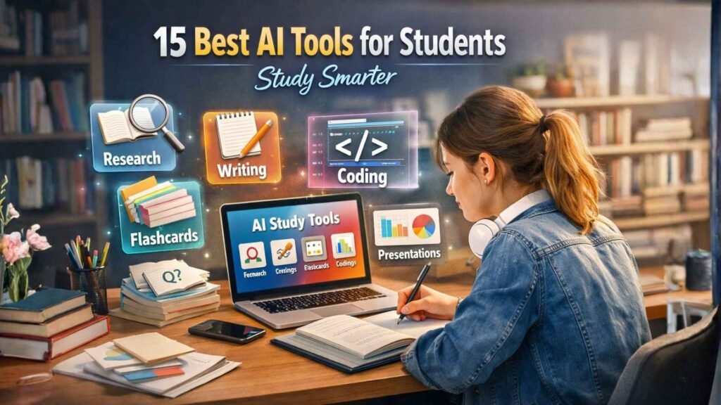 Student studying with AI tools on a laptop, taking notes and reviewing flashcards, with textbooks and a notebook on a tidy desk.