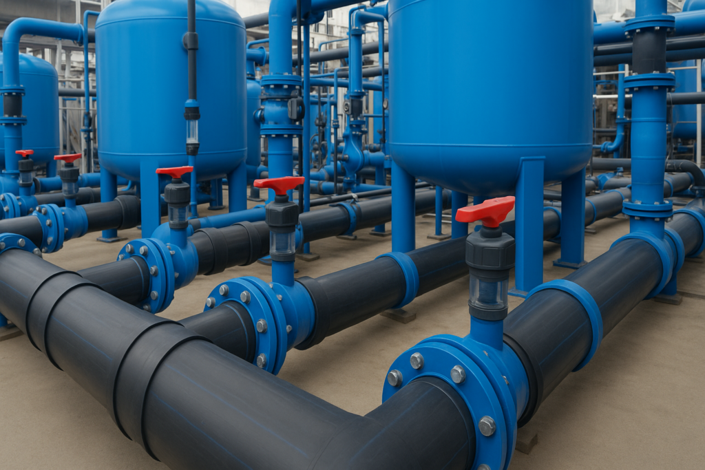 Industrial water treatment systems reducing waste with MDPE and HDPE pipeline networks