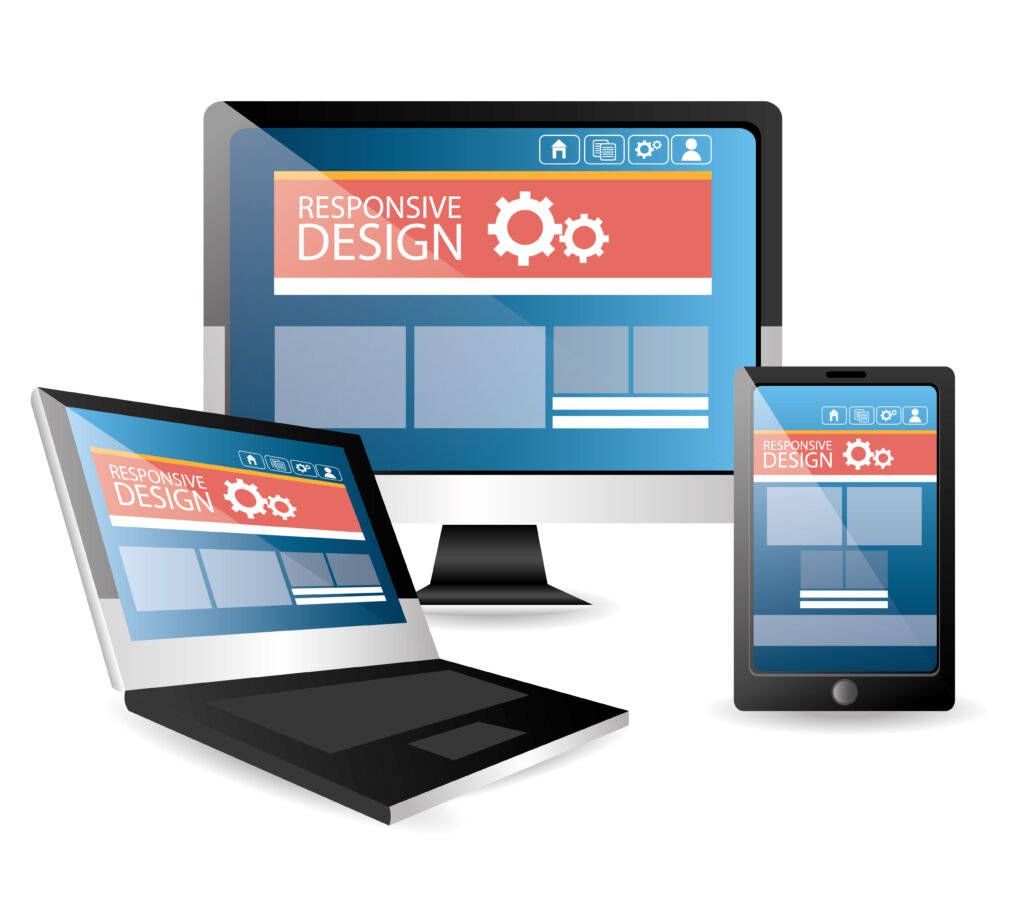 Responsive web design concept showing desktop, tablet, and smartphone screens with adaptive website layout on multiple devices.