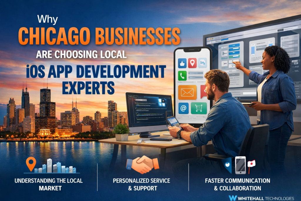 Why Chicago businesses choose local iOS app development experts—horizontal banner featuring the Chicago skyline, developers building iOS apps, and highlights of local market expertise, personalized service, and faster communication by Whitehall Technologies.