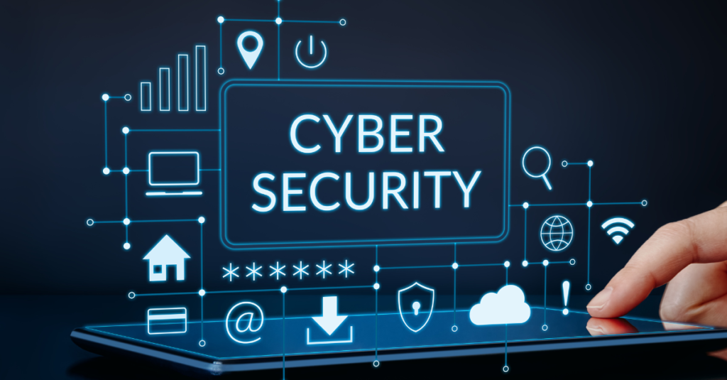 Digital cybersecurity concept with laptop, shield, cloud, and padlock icons on blue tech background
