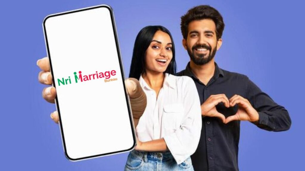 Couples where girl holding smartphone showing Nri Marriage Bureau