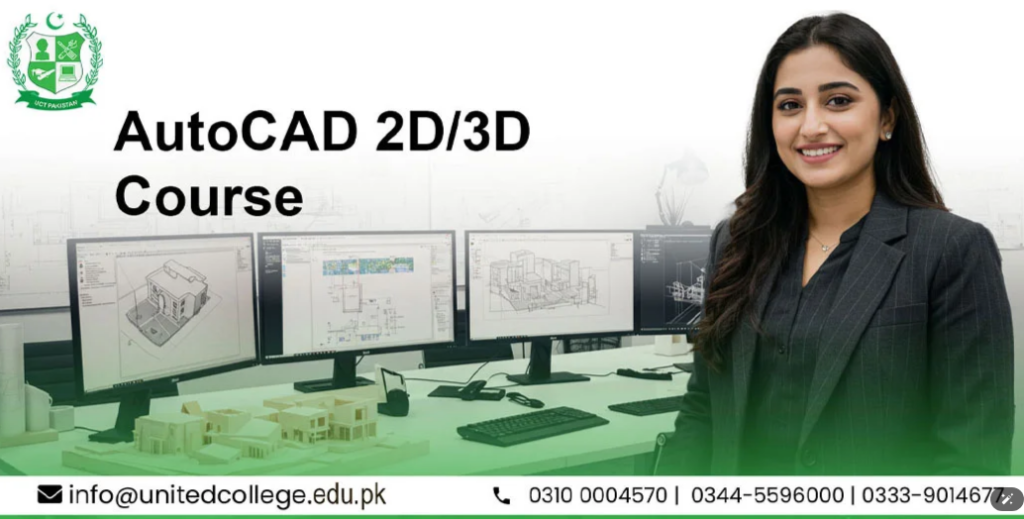 Smiling woman in a suit stands beside desk with three monitors displaying architectural designs for AutoCAD 2D/3D course.
