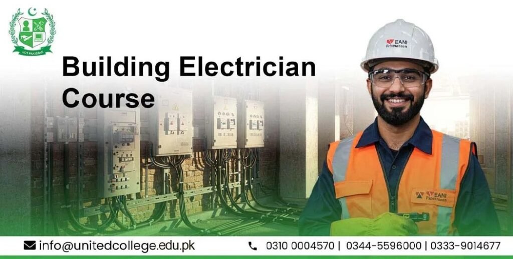 Smiling man in hard hat and safety vest stands by electrical panels. Text reads "Building Electrician Course" with contact info and a college emblem.