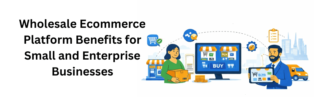 Visual depicting small and enterprise businesses using a wholesale ecommerce platform, highlighting benefits like cost efficiency, bulk ordering, secure transactions, and operational growth