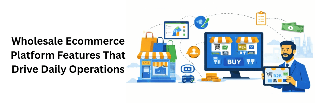 Flat illustration showing core wholesale ecommerce features including order management, inventory tracking, analytics dashboards, payment processing, and logistics integration.