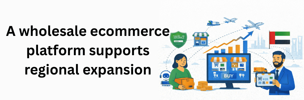 Illustration representing regional expansion through a wholesale ecommerce platform, with connected markets, cross-border logistics, and centralized B2B digital storefronts